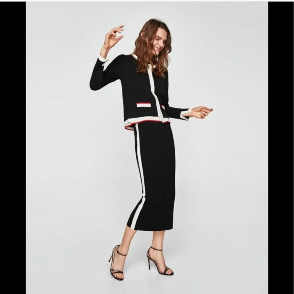 ZARA Black Cardigan w/ Faux Pearl Buttons with Matching Midi Skirt - Picture 11 of 13